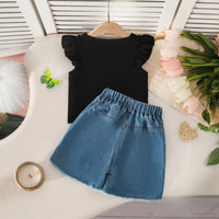 Girls Black Graphics Top With Embroidered Denim Shorts Set Sets