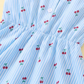 Girls Light Blue Cherry Print Puff Sleeve Fit & Flare Dress Casual Dresses
