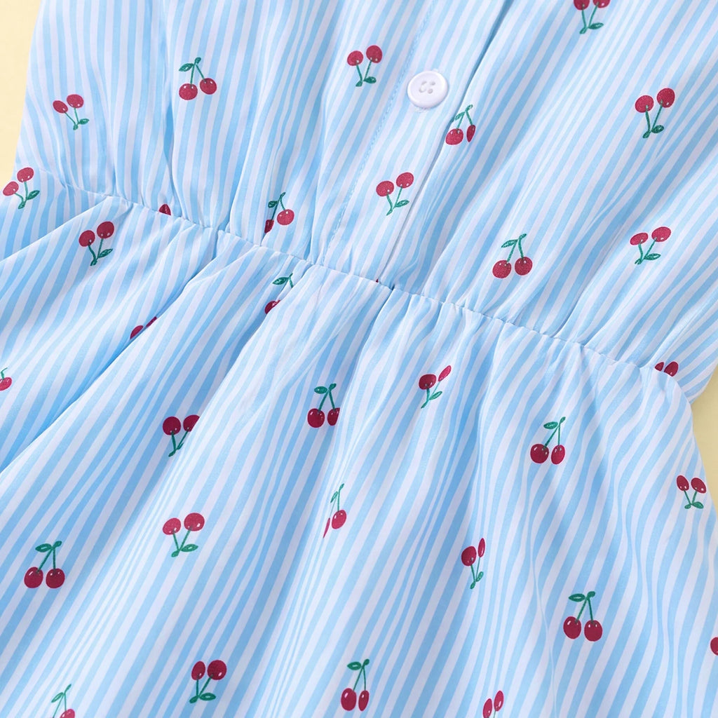 Girls Light Blue Cherry Print Puff Sleeve Fit & Flare Dress Casual Dresses