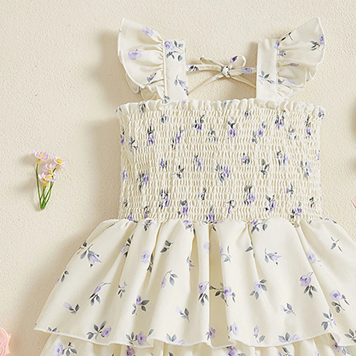 Girls Cream Floral Printed Flutter Sleeve Smocked Tiered Dress Casual Dresses