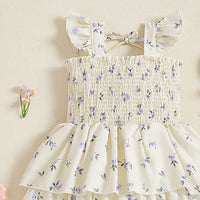 Girls Cream Floral Printed Flutter Sleeve Smocked Tiered Dress Casual Dresses