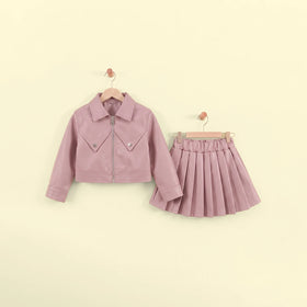 Girls Pink Long Sleeve Faux Leather Jacket With Skirt Sets 2 pc. Sets Pink 1-2 Y