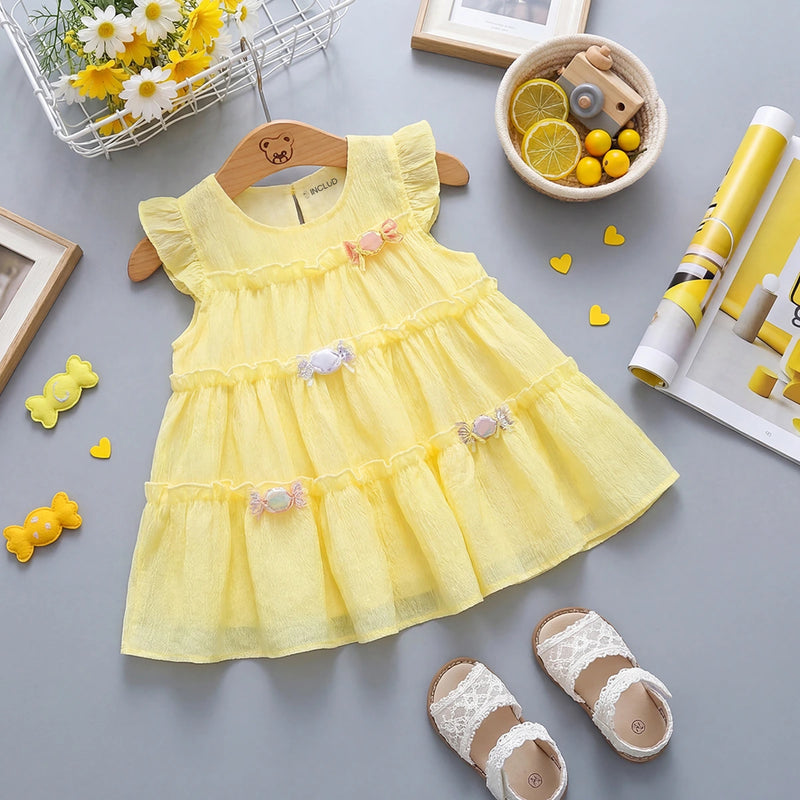 Girls Yellow Candy Applique Tiered A-Line Dress Casual Dresses Yellow 1-2 Y