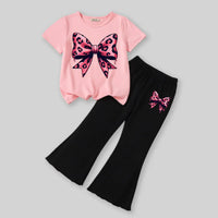 Girls Pink Leopard Print Bow T-Shirt With Flared Hem Pants Sets Sets