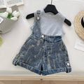 Girls Light Grey Sleeveless Top With Distressed Denim Dungaree Sets 2 pc. Sets Light Grey 1-2 Y