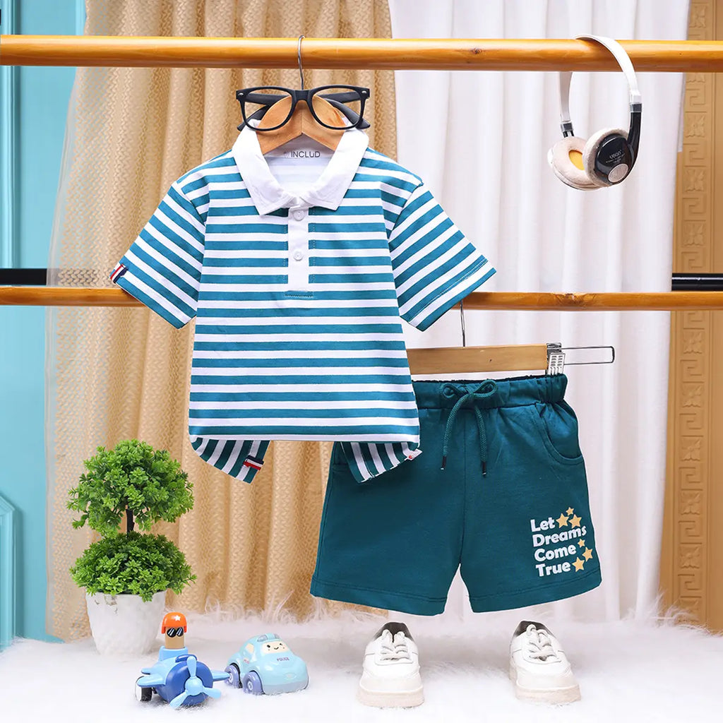 Boys Blue Striped Short Sleeve Polo T-Shirt With Shorts Sets 2 pc. Sets Blue 6-12 M