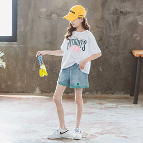 Girls Short Sleeve Print Graphic T-Shirt With Denim Shorts Set 2 pc. Sets   