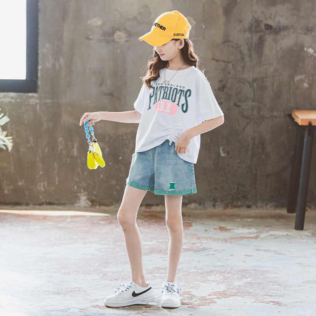 Girls Short Sleeve Print Graphic T-Shirt With Denim Shorts Set 2 pc. Sets   