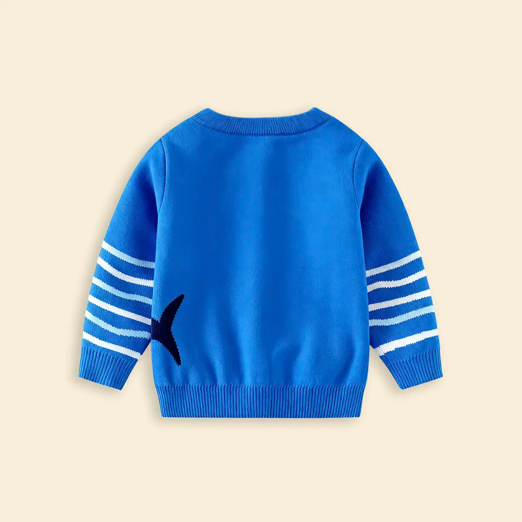Boys Blue Self-Design Shark Patterns Knitted Sweater Sweaters & Cardigans