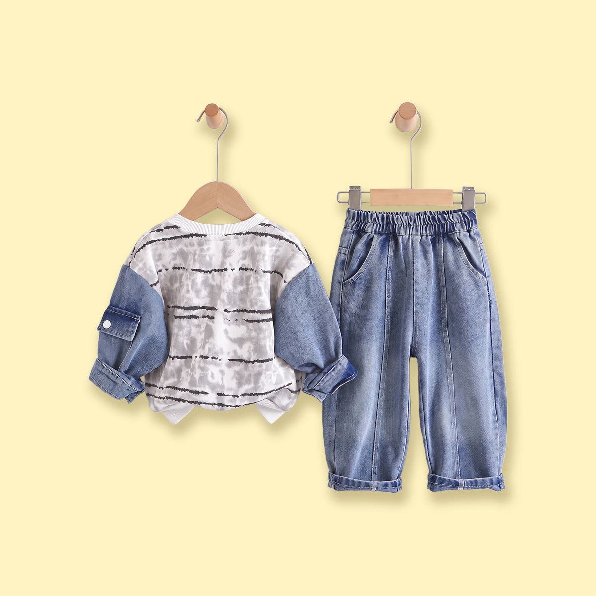 Boys Grey Striped Sweatshirt With Denim Pants Sets 2 pc. Sets