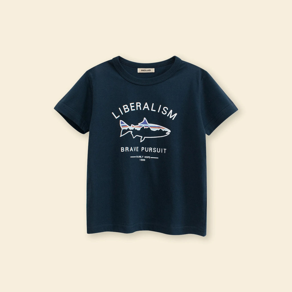 Boys Navy Blue Typographic Printed Short Sleeves T-Shirt Tshirts