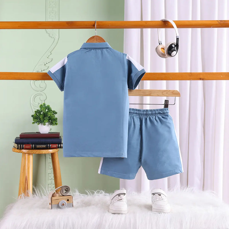 Boys Multicolor Typographic Printed Polo T-Shirt With Elasticated Shorts Sets Sets