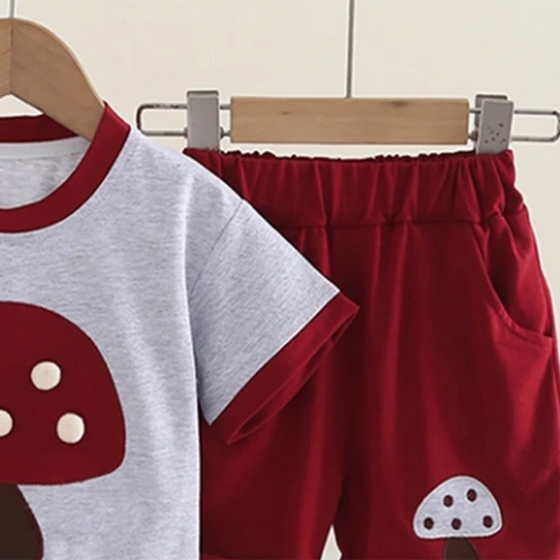 Girls Maroon Mushroom Embroidered T-Shirt With Shorts Set Sets
