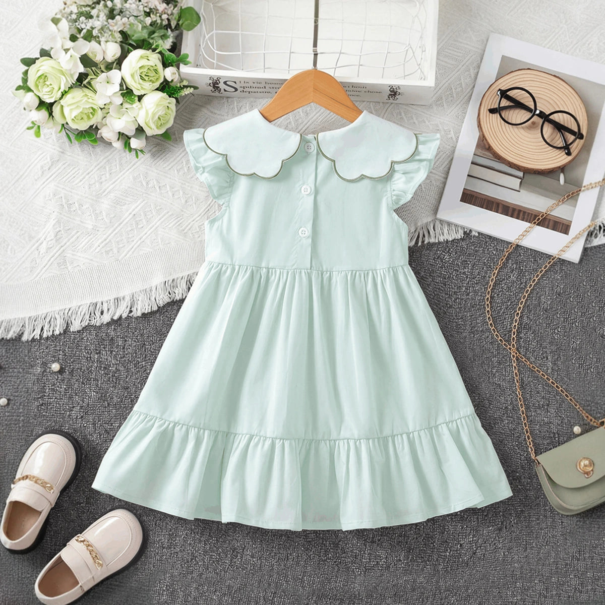 Girls Light Green Embroidered Sleeveless Tiered Dress Casual Dresses