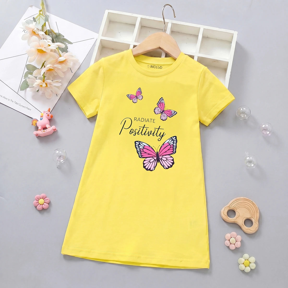 Girls Yellow Butterfly Print Short Sleeve T-Shirt Dress Casual Dresses Yellow 4-5 Y