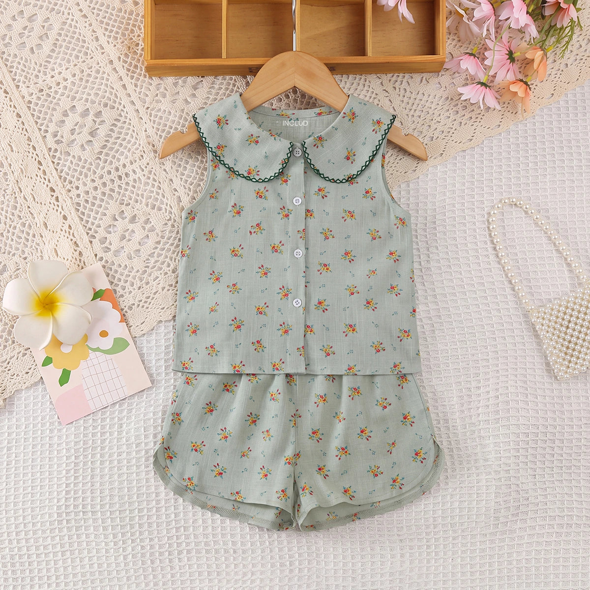 Girls Green Floral Print Peter Pan Collar Top With Shorts Sets 2 pc. Sets Green 1-2 Y