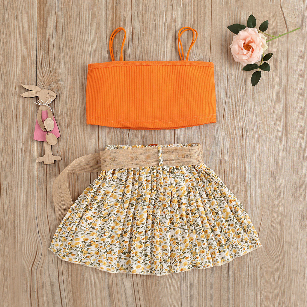 Girls Camisole Top With Floral Printed Pleated Skirt Set Sets   