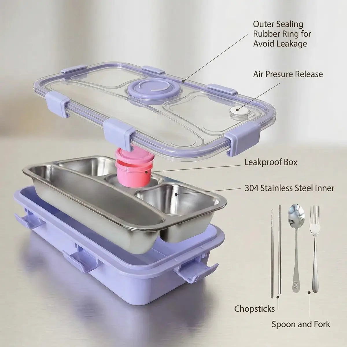 Kids Purple Stainless Steel 4-Compartment Lunch Box Trending Accessories