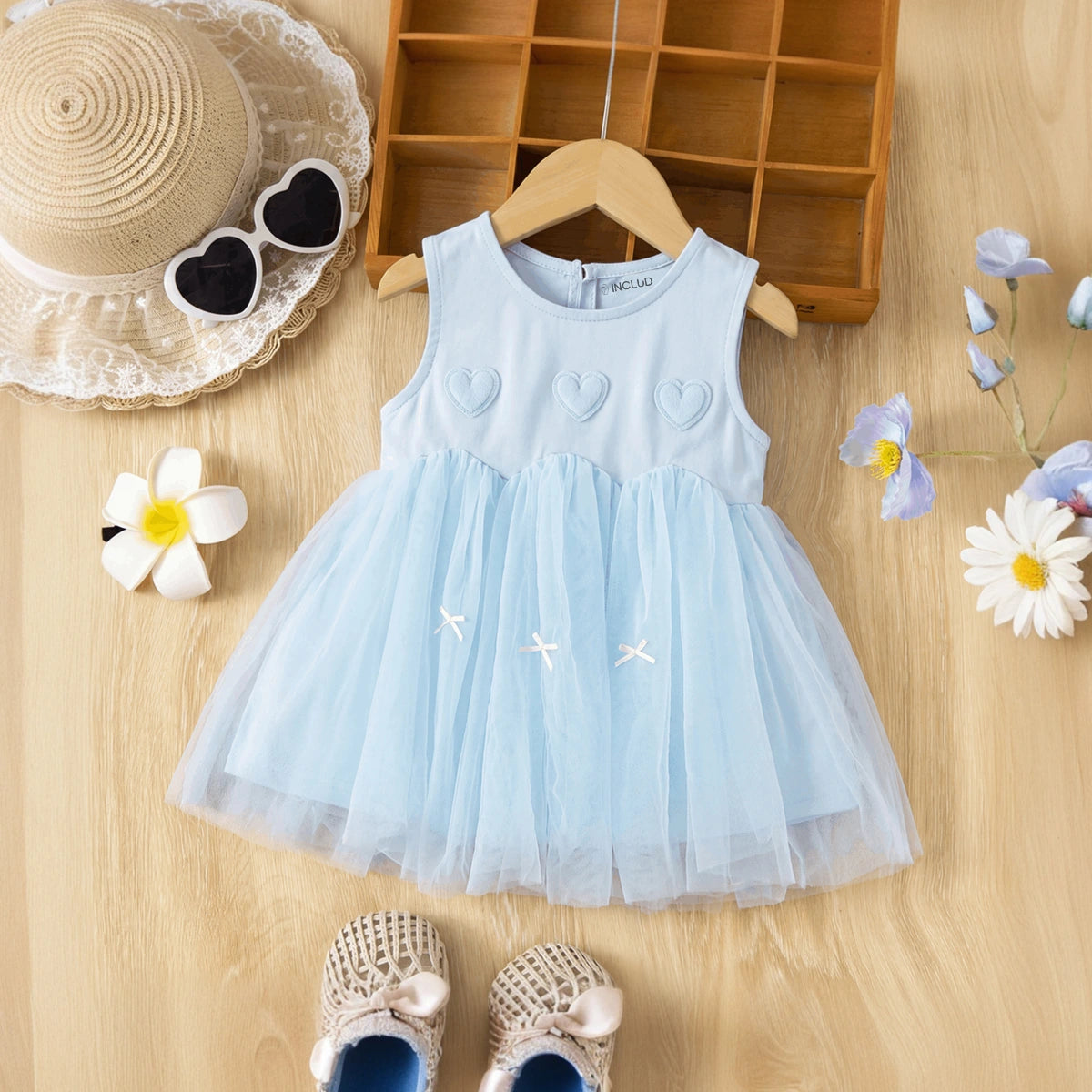 Girls Light Blue Sleeveless Heart Applique Tutu Dress Casual Dresses Light Blue 1-2 Y