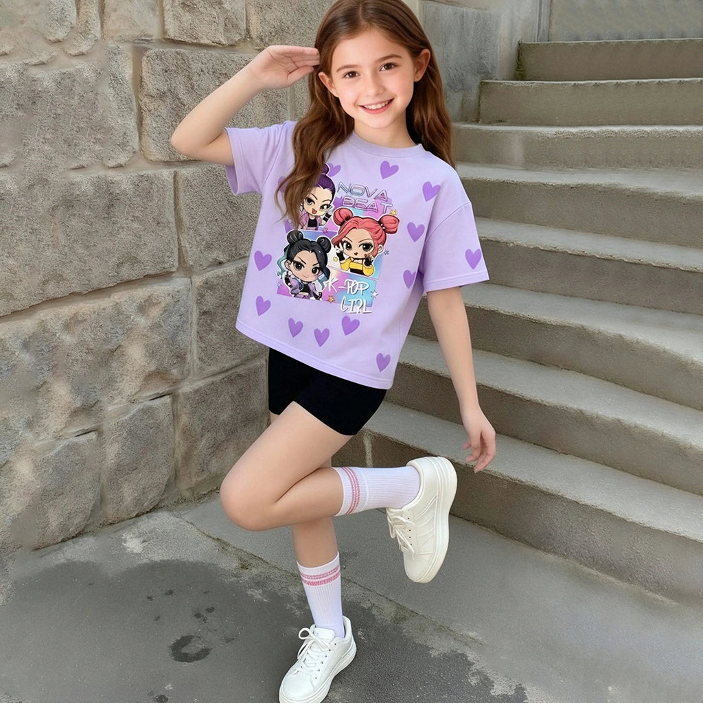 Girls Purple Graphics K-pop Print T-Shirt With Shorts Set Sets