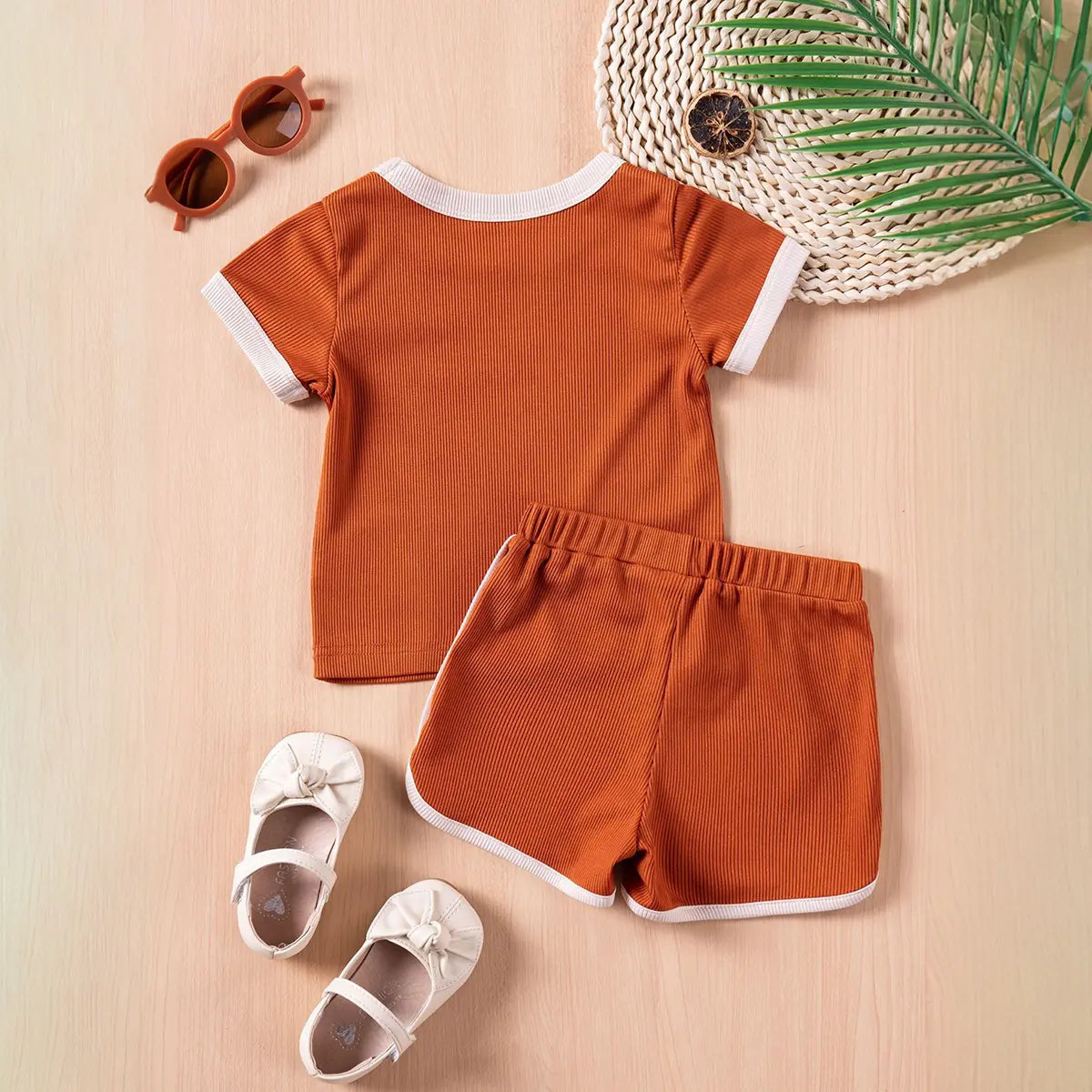 Girls Rust Orange Ribbed Contrast Trims T-Shirt & Shorts Co-ord Sets Sets