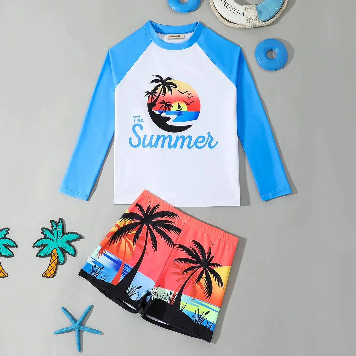 Boys Light Blue Tropical Printed Long Sleeves T-Shirt & Shorts Swimsuit Sets Sets Light Blue 7-8 Y