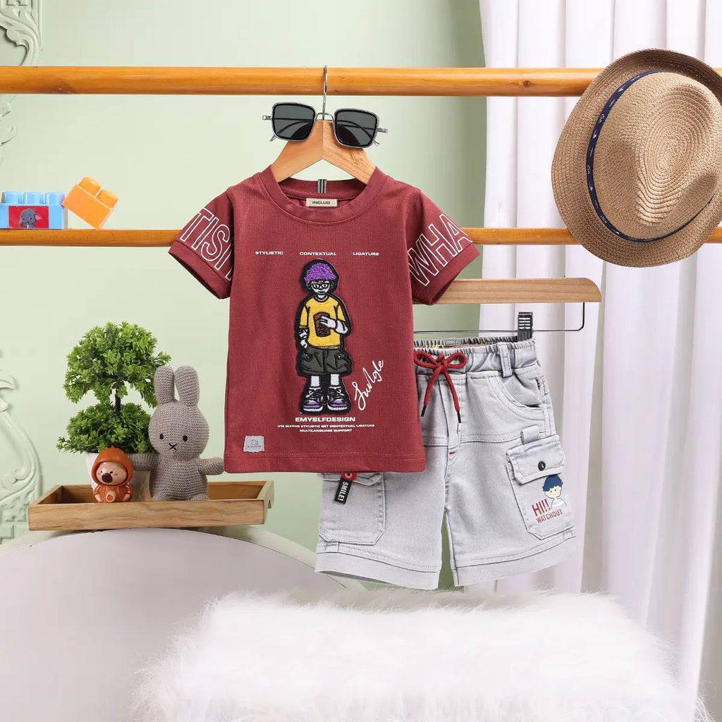Boys Maroon Graphics Short Sleeves T-Shirt With Cargo Shorts Set Sets Maroon 9-12 M
