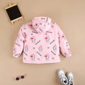 Girls Light Pink Typographic Reversible Printed Hooded Zipper Jacket Coats & Jackets