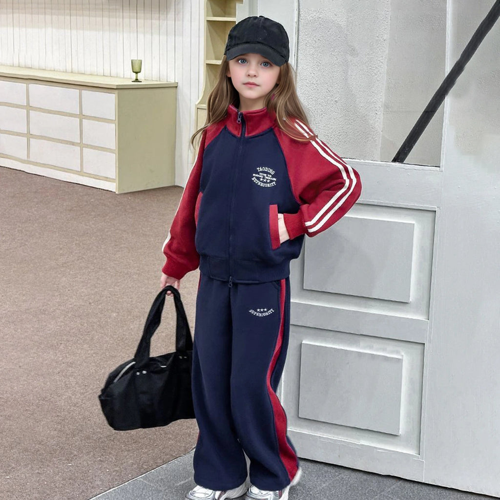 Girls Navy Blue Colorblocked Zip-up Jacket With Pants Sets Sets