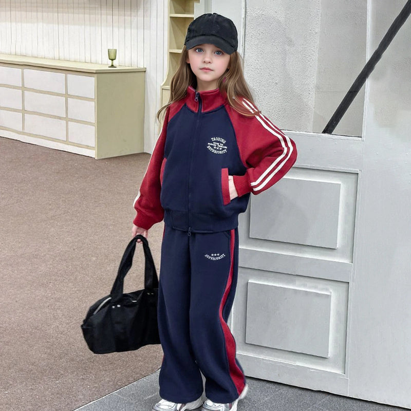 Girls Navy Blue Colorblocked Zip-up Jacket With Pants Sets Sets