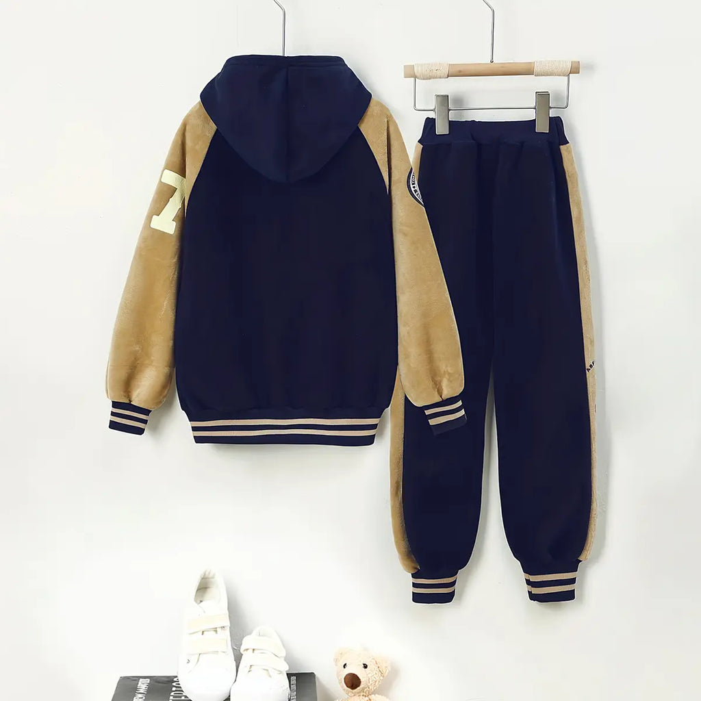 Boys Navy Blue Typographic Printed Hooded Zipper Jacket With Jogger Sets Sets