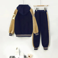 Boys Navy Blue Typographic Printed Hooded Zipper Jacket With Jogger Sets Sets