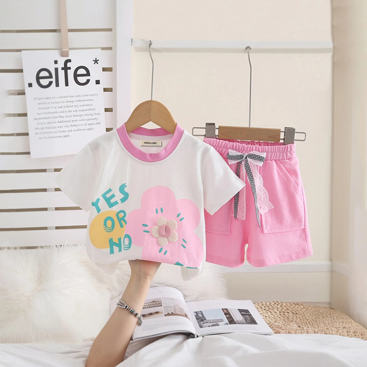 Girls Pink Flower Print Short Sleeves T-Shirt With Shorts Set Sets Pink 1-2 Y