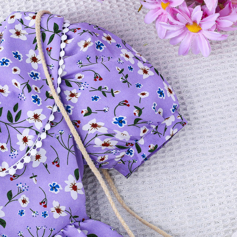 Girls Purple Floral Printed Puff Sleeves Dress Casual Dresses