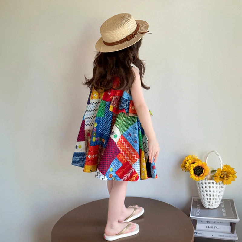 Girls Multicolour Patchwork Sleeveless Fit & Flare Dress Casual Dresses