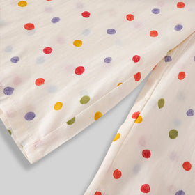 Girls Off-White Multicolour Polka Dot Printed Tiered Top With Pants Sets Sets
