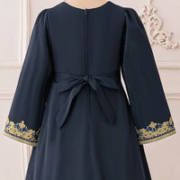 Girls Dark Grey Embroidered Drop-Waist Dress With Long Sleeeves Casual Dresses
