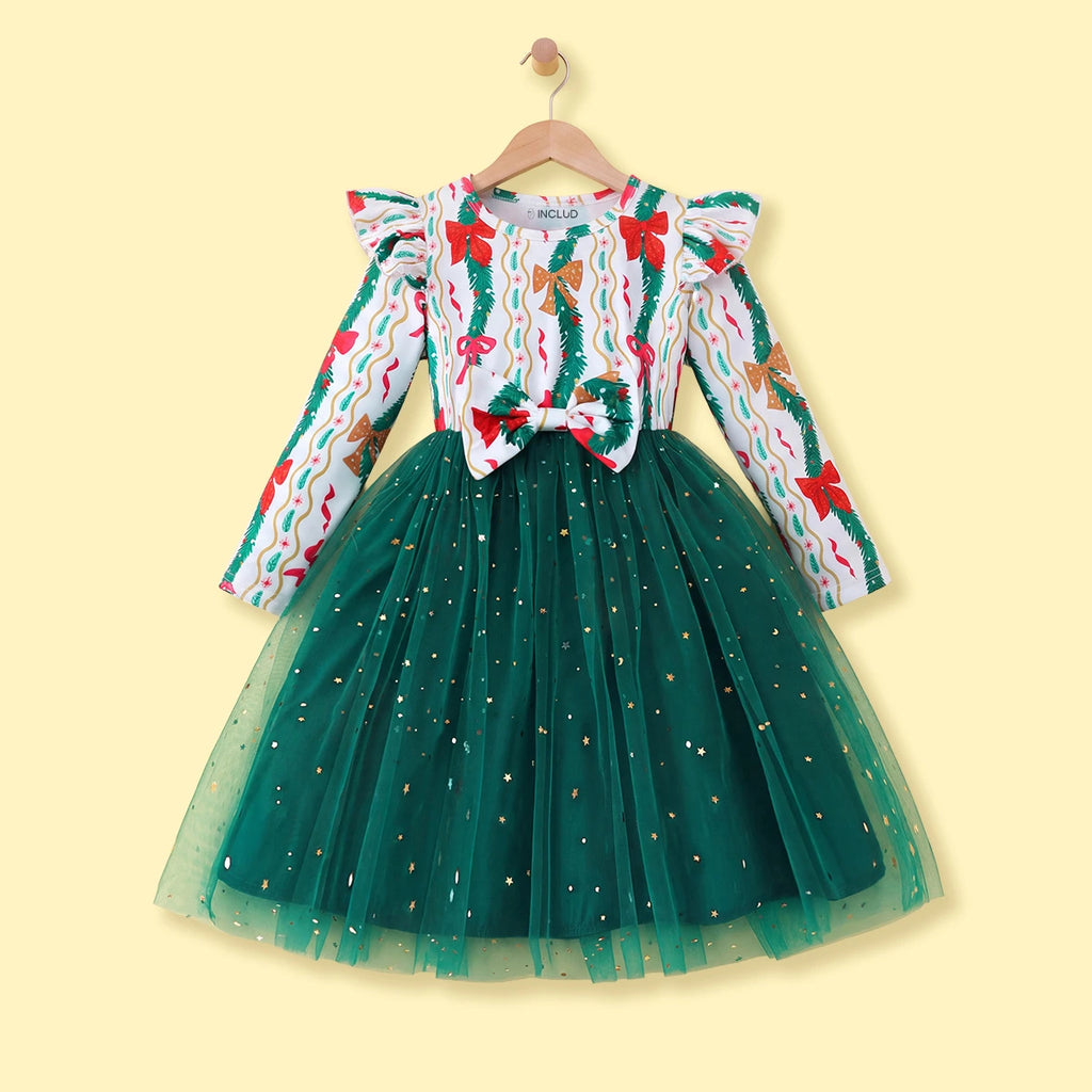 Girls Green Christmas Theme Printed Fit & Flare Dress Casual Dresses Green 2-3 Y