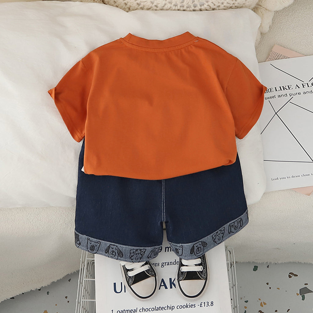 Boys Orange Animal Printed T-Shirt With Denim Shorts Set 2 pc. Sets