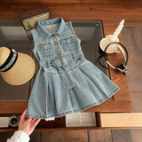 Girls Light Blue Sleeveless Belted Denim Shirt Dress