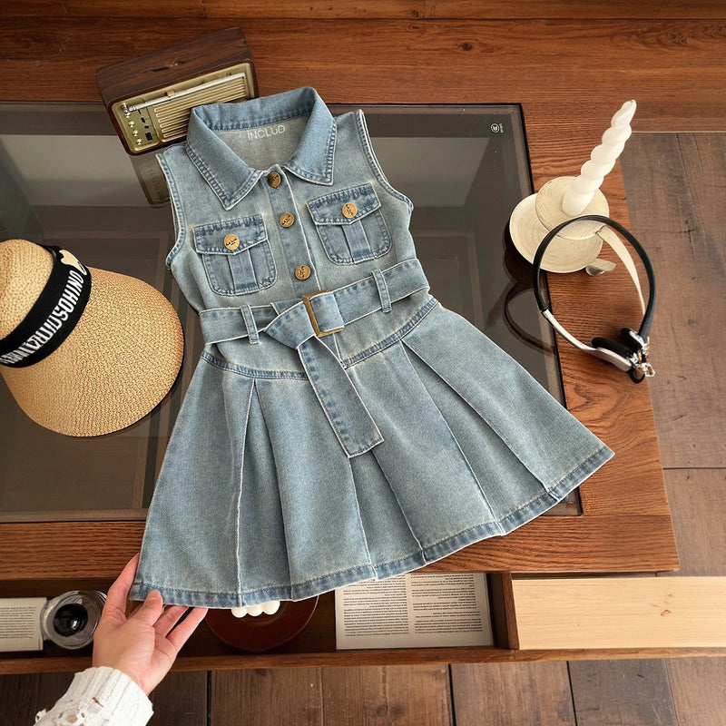 Girls Light Blue Sleeveless Belted Denim Shirt Dress Casual Dresses Light Blue 1-2 Y