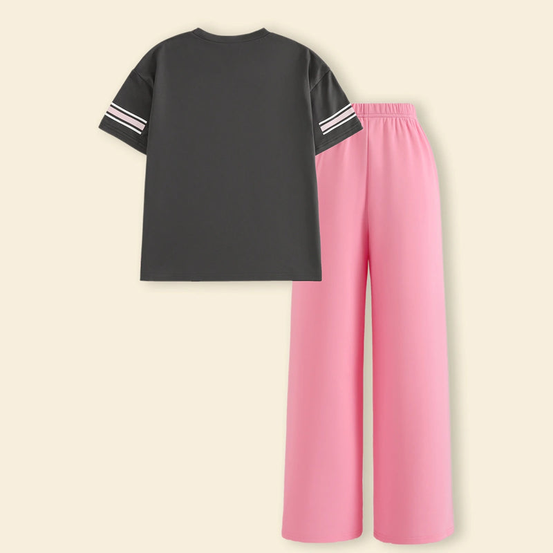 Girls Black Alphanumeric Print T-Shirt With Wide-Leg Pant Sets Sets