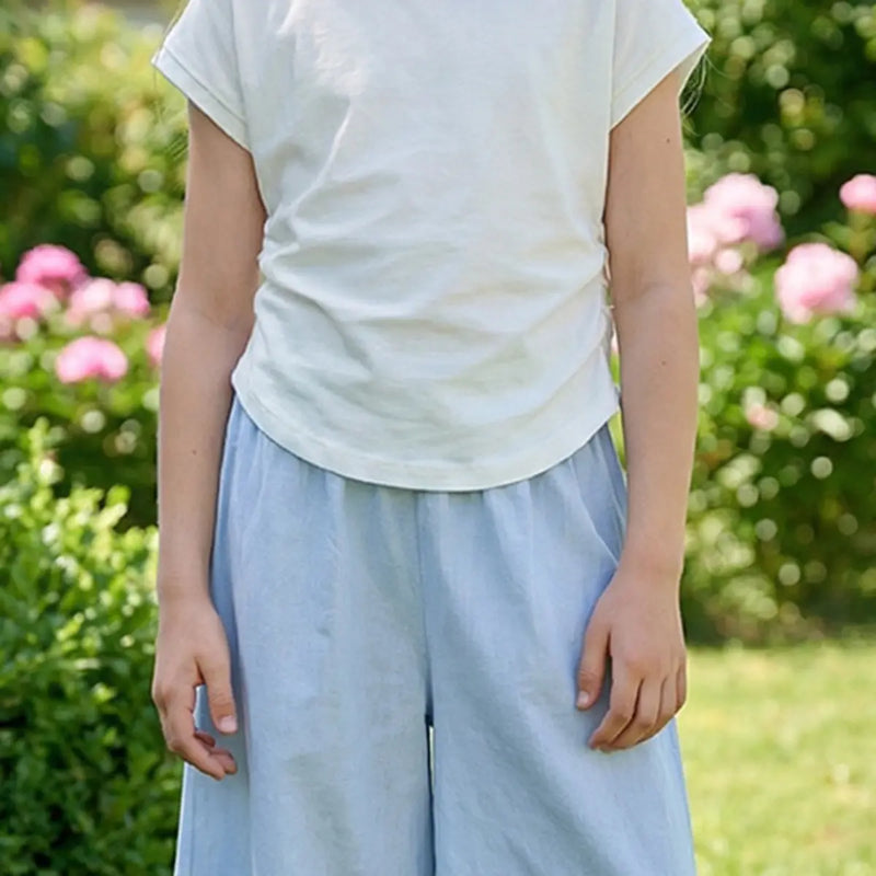 Girls Solid Short Sleeves Ruched Top With Sky Blue Wide -Leg Pant Sets Sets