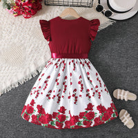 Girls Maroon Floral Printed Flutter Sleeves Fit And Flare Dress Casual Dresses
