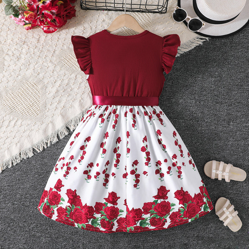 Girls Maroon Floral Printed Flutter Sleeves Fit And Flare Dress Casual Dresses