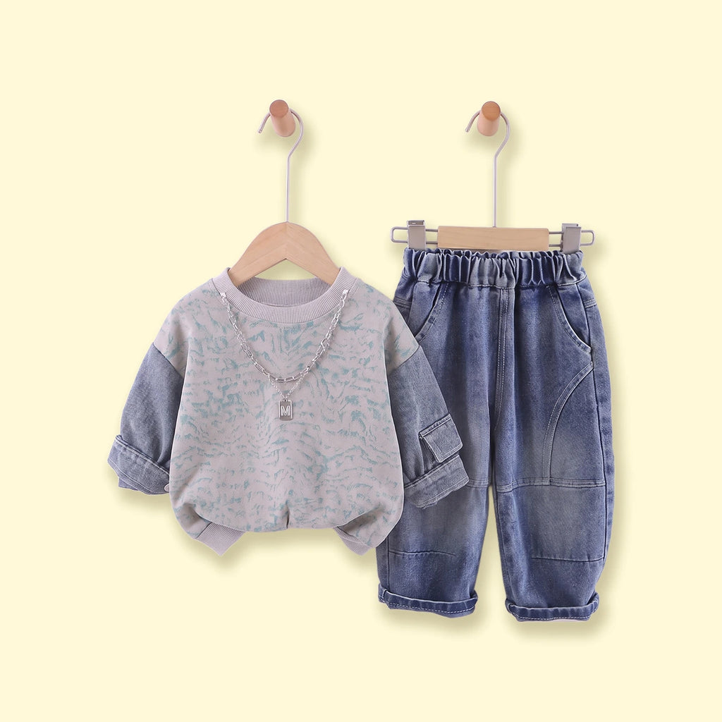 Boys Grey Abstract Print Sweatshirt With Denim Pants Sets 2 pc. Sets Grey 1-2 Y