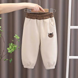 Boys Beige Bear Embroidered Patched Jogger