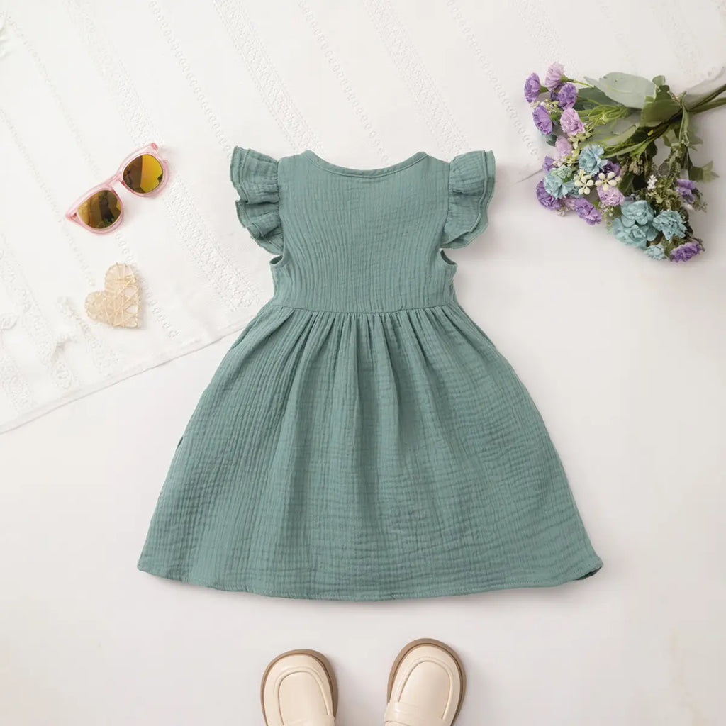 Girls Green Textured Button-Down A-line Dress With Flutter Sleeves Casual Dresses