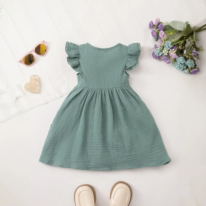Girls Green Textured Button-Down A-line Dress With Flutter Sleeves Casual Dresses