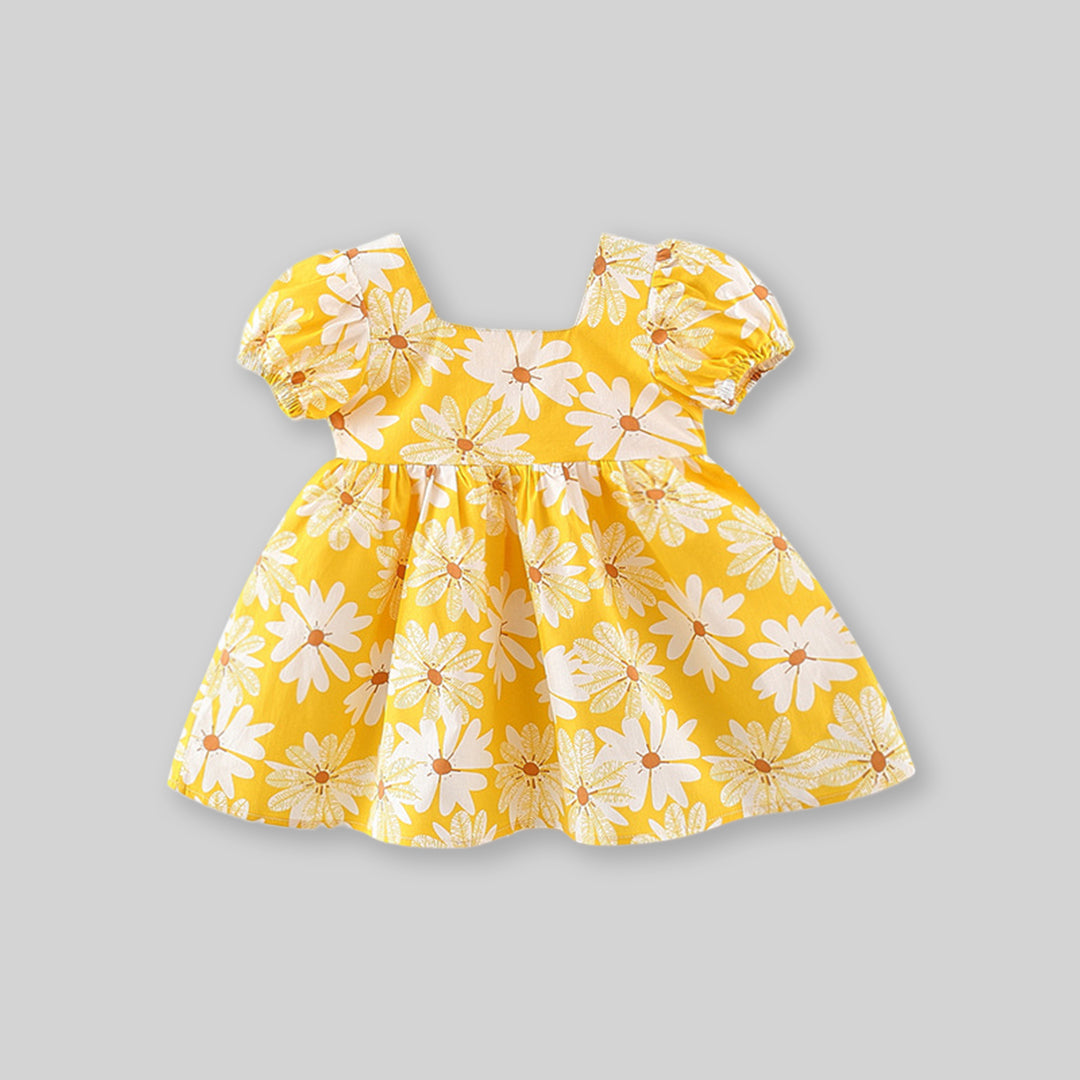Girls Floral Print Puff Sleeves Dress With Bow Casual Dresses Yellow 1-2 Y 